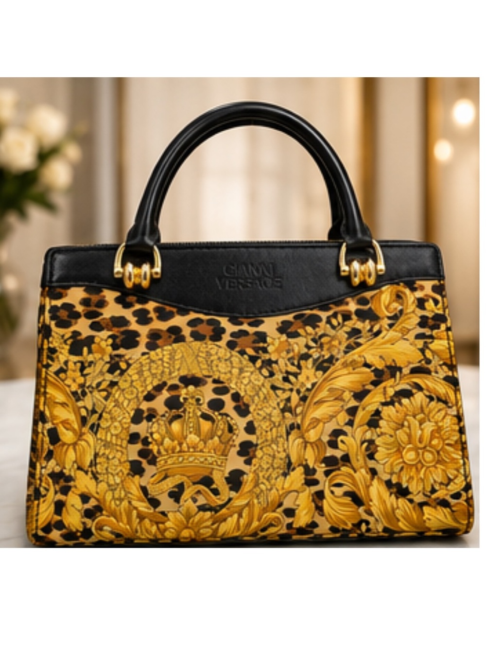 Gianni Versace Vintage Baroque Leopard Top Handle Satchel Shoulder Bag